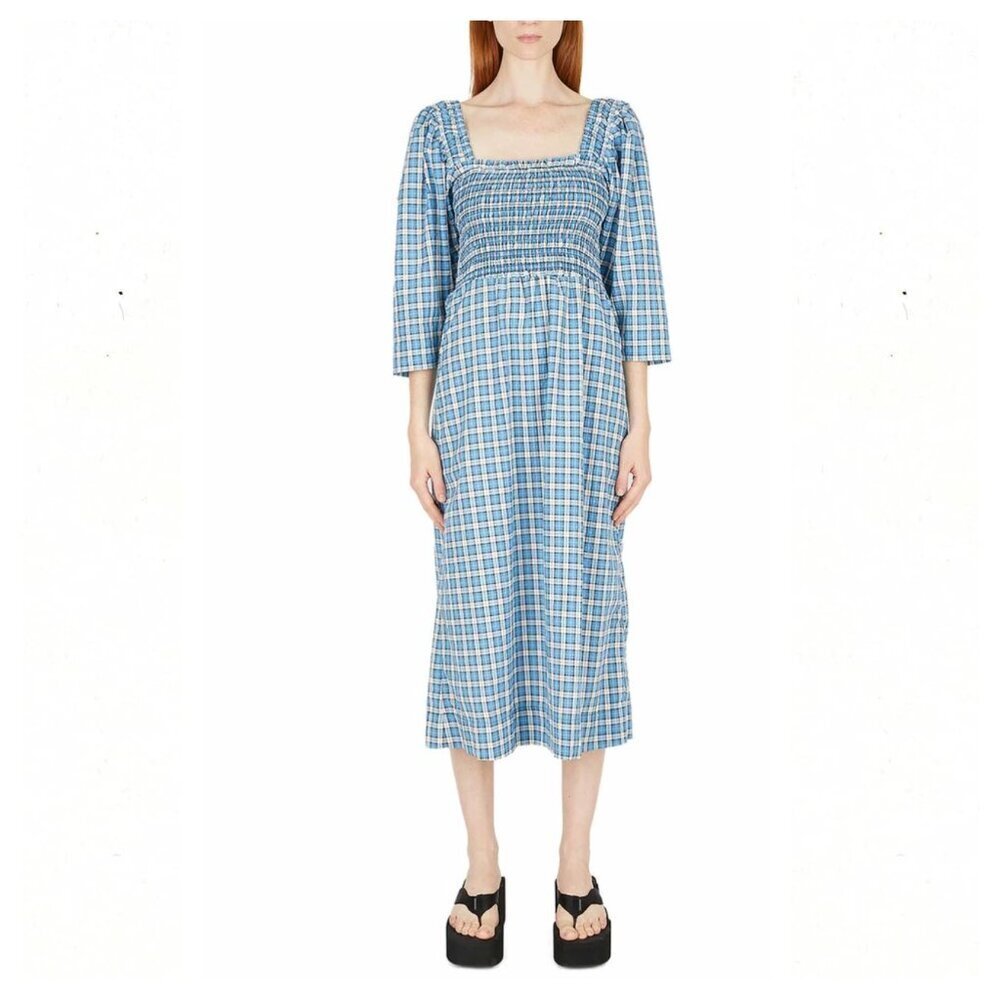 GANNI Seersucker Check Smock Midi Dress - Azure Blue - Picture 2 of 10